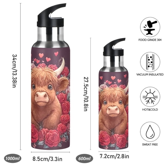 Iauyy Stainless Steel Double-Wall Vacuum Insulated Water Bottle with Straw-600ml&1000ml BPA-Free Leak-Proof for Travel Workouts Outdoor,Young Calf