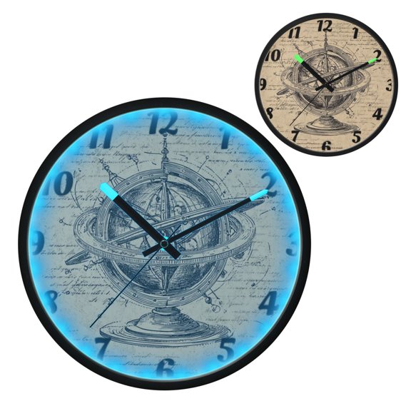 Iauyy Vintage Battery Sunrise Clock Wall Clock 12 inch Fashion Bedroom/Biathroom Lighted Wall Clock for Kitchen Clocks Hand Drawn Celestial Globe