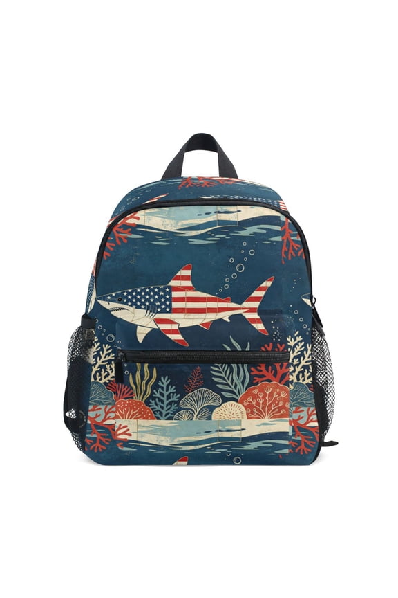 Vintage Flag Sea-fish Design Backpack for Girls/Boys with Name Tag—Front-closure buttons for ages 3–8year