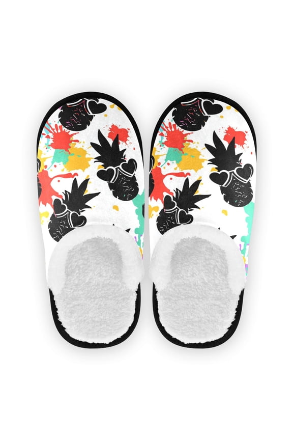 Women's Men's Slippers, Non-Slip Travel Unisex Cotton Flannel House Shoes or Spa Slippers ,Black Pineapple Shape