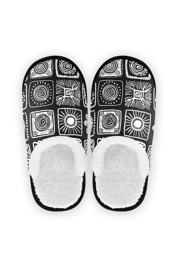 Women's Men's Slippers, Non-Slip Travel Unisex Cotton Flannel House Shoes or Spa Slippers ,Black-and-white Collage Doodles