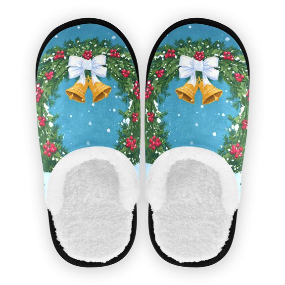 Iauyy Women's Men's Slippers, Non-Slip Travel Unisex Cotton Flannel House Shoes or Spa Slippers ,Christmas Green Plants Arrangement