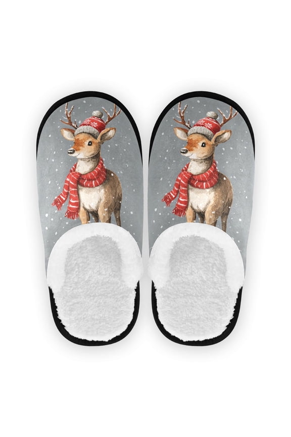 Women's Men's Slippers, Non-Slip Travel Unisex Cotton Flannel House Shoes or Spa Slippers ,Cute Christmas Deer Wearing Hat
