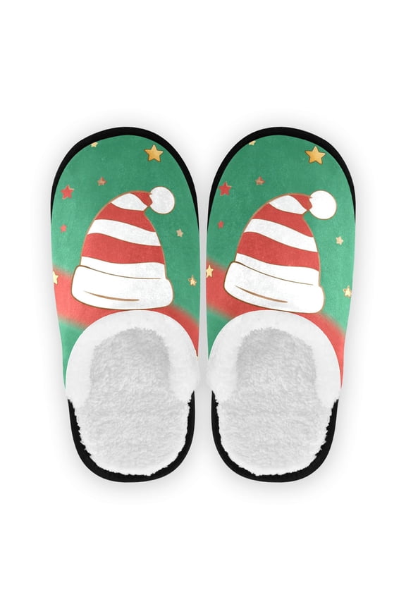 Women's Men's Slippers, Non-Slip Travel Unisex Cotton Flannel House Shoes or Spa Slippers ,Cute Christmas Hat