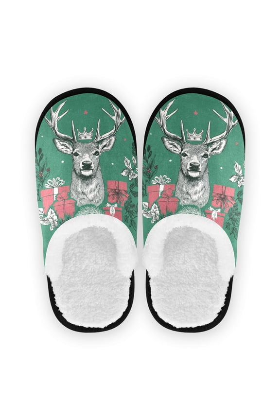 Women's Men's Slippers, Non-Slip Travel Unisex Cotton Flannel House Shoes or Spa Slippers ,Deer Head-a