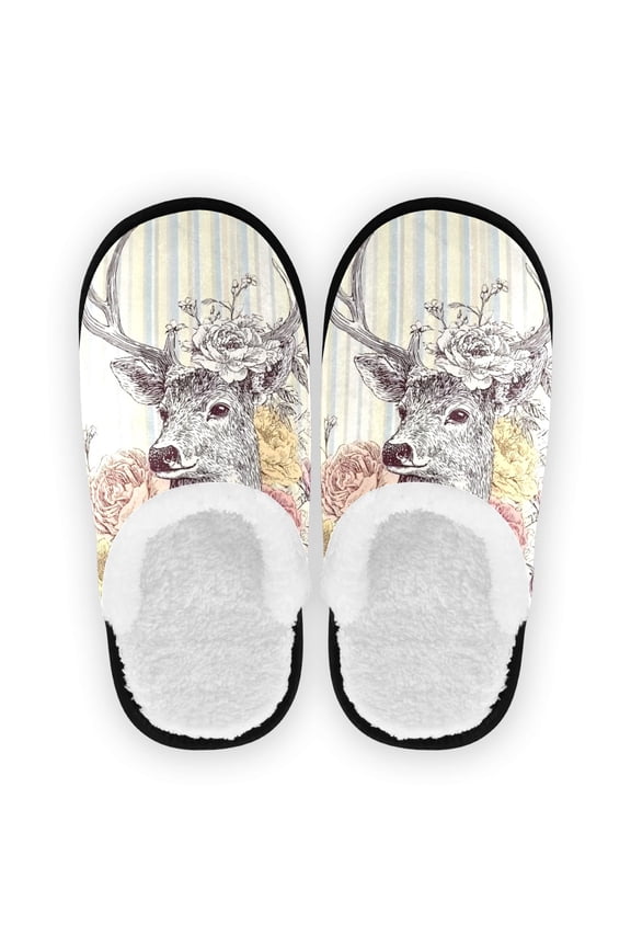 Women's Men's Slippers, Non-Slip Travel Unisex Cotton Flannel House Shoes or Spa Slippers ,Flower-shaped Antlers