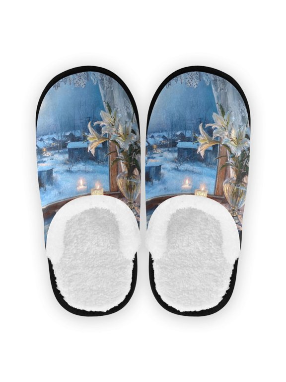 Women's Men's Slippers, Non-Slip Travel Unisex Cotton Flannel House Shoes or Spa Slippers ,Open Windows
