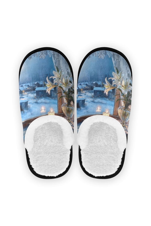 Women's Men's Slippers, Non-Slip Travel Unisex Cotton Flannel House Shoes or Spa Slippers ,Open Windows