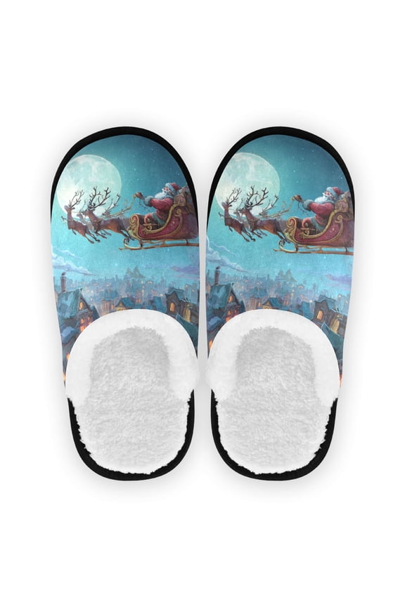 Women's Men's Slippers, Non-Slip Travel Unisex Cotton Flannel House Shoes or Spa Slippers ,Santa Claus Flies over The Villag