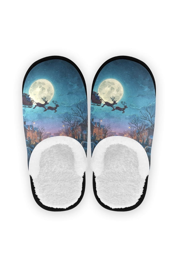 Women's Men's Slippers, Non-Slip Travel Unisex Cotton Flannel House Shoes or Spa Slippers ,Santa Claus Is Driving Reindeer Sleigh