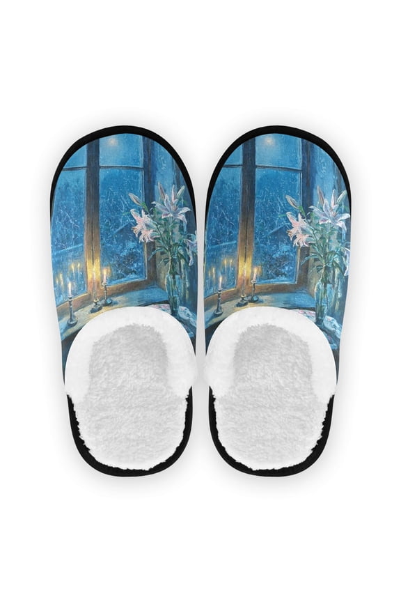 Women's Men's Slippers, Non-Slip Travel Unisex Cotton Flannel House Shoes or Spa Slippers ,Snowflakes Are Falling