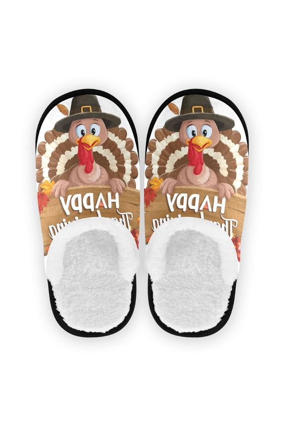 Women's Men's Slippers, Non-Slip Travel Unisex Cotton Flannel House Shoes or Spa Slippers ,Turkey Wearing A Hat