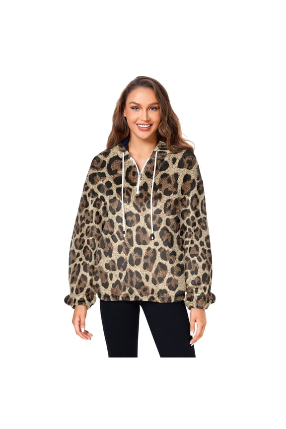 Women's (s-xl) Pockets Fuzzy Sweatshirt -Double Plush Run Loose-fitting Hooded Sweater Design Wind Warmth for Sport Casual Leisure Jogging,Brown Leopard Print