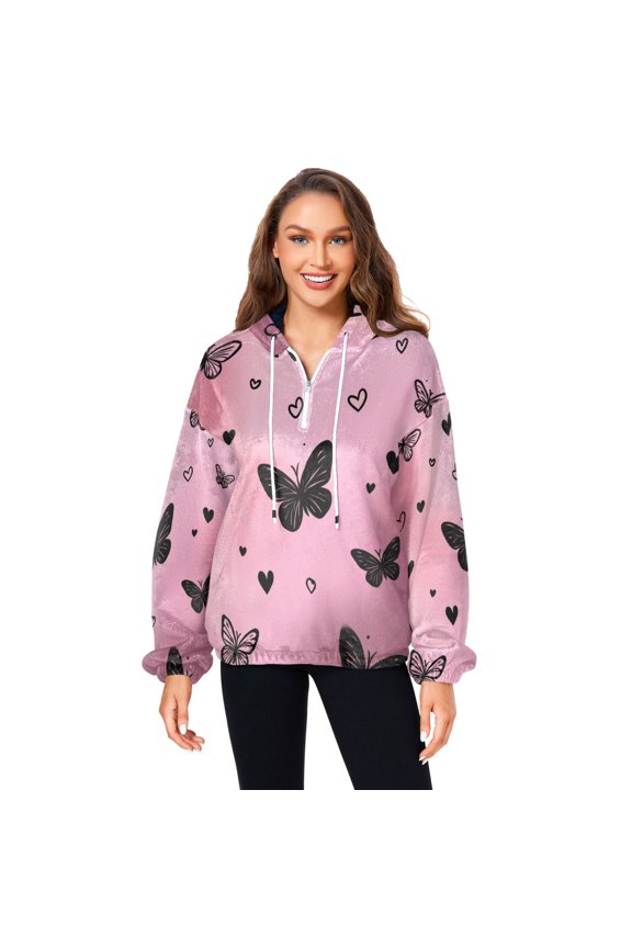 Women's (s-xl) Pockets Fuzzy Sweatshirt -Double Plush Run Loose-fitting Hooded Sweater Design Wind Warmth for Sport Casual Leisure Jogging,Butterfly Gradient Effect