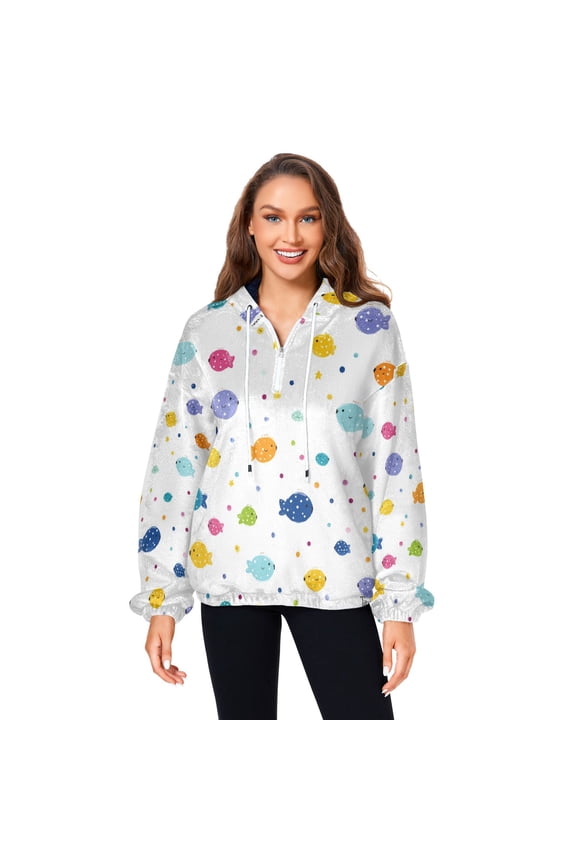 Women's (s-xl) Pockets Fuzzy Sweatshirt -Double Plush Run Loose-fitting Hooded Sweater Design Wind Warmth for Sport Casual Leisure Jogging,Cute Little Fish