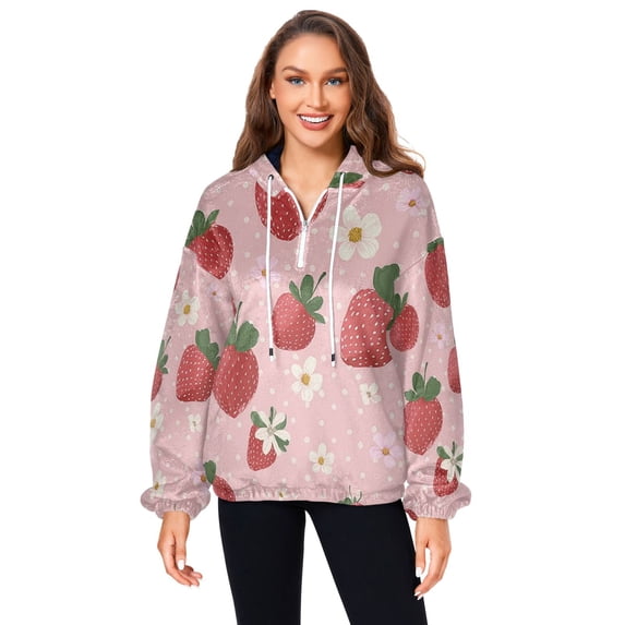 Iauyy Women's (s-xl) Pockets Fuzzy Sweatshirt -Double Plush Run Loose-fitting Hooded Sweater Design Wind Warmth for Sport Casual Leisure Jogging,Cute Strawberry