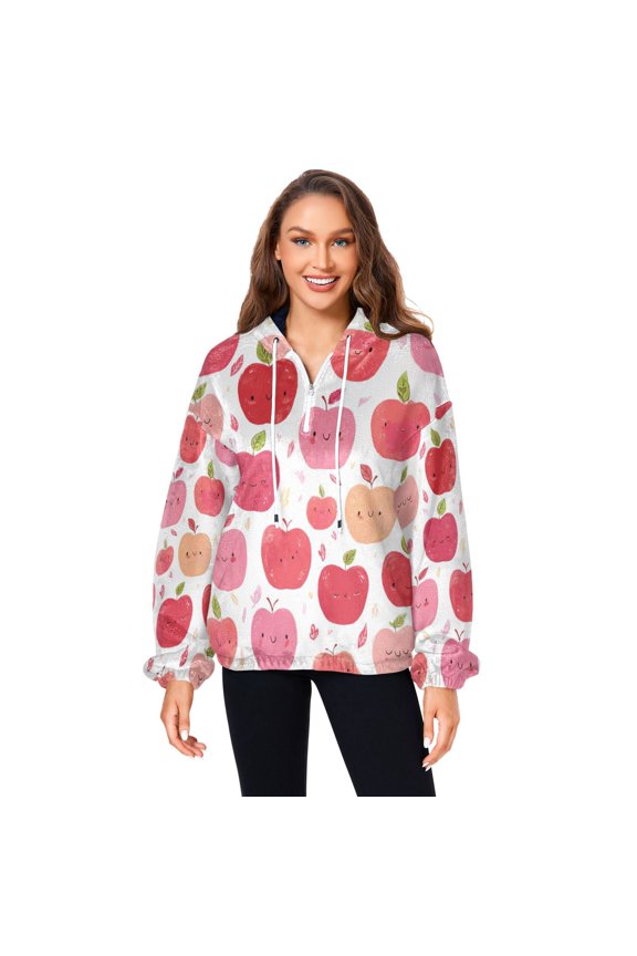 Women's (s-xl) Pockets Fuzzy Sweatshirt -Double Plush Run Loose-fitting Hooded Sweater Design Wind Warmth for Sport Casual Leisure Jogging,Fruit Decoration