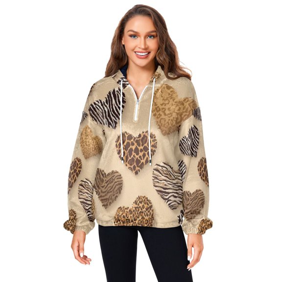 Iauyy Women's (s-xl) Pockets Fuzzy Sweatshirt -Double Plush Run Loose-fitting Hooded Sweater Design Wind Warmth for Sport Casual Leisure Jogging,Giraffe Spots