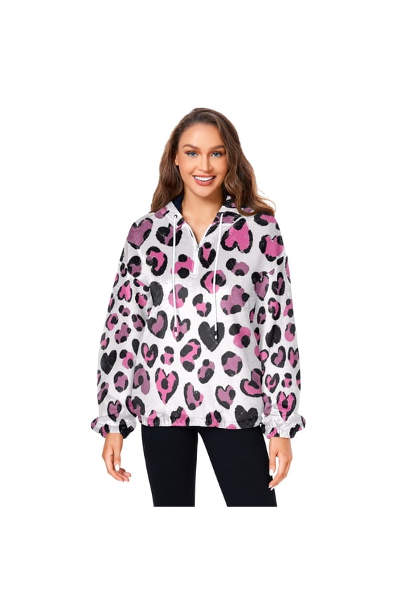 Women's (s-xl) Pockets Fuzzy Sweatshirt -Double Plush Run Loose-fitting Hooded Sweater Design Wind Warmth for Sport Casual Leisure Jogging,Leopard Print Pattern