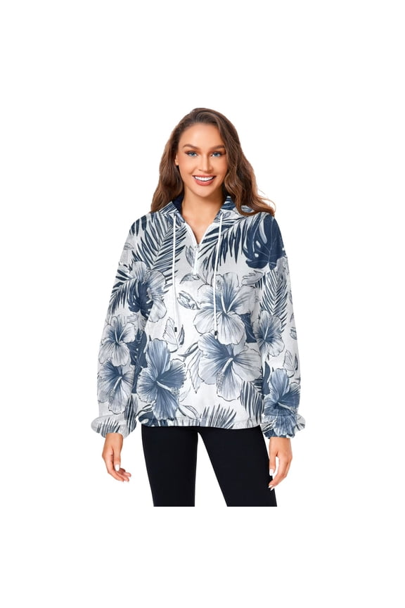 Women's (s-xl) Pockets Fuzzy Sweatshirt -Double Plush Run Loose-fitting Hooded Sweater Design Wind Warmth for Sport Casual Leisure Jogging,Naval Blue Hibiscus Flower