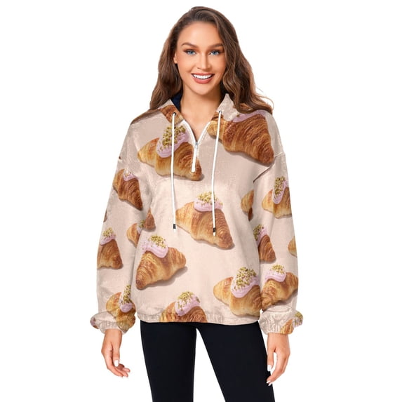 Iauyy Women's (s-xl) Pockets Fuzzy Sweatshirt -Double Plush Run Loose-fitting Hooded Sweater Design Wind Warmth for Sport Casual Leisure Jogging,Realistic Horn-shaped Bread