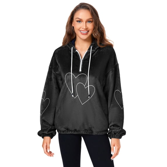Iauyy Women's (s-xl) Pockets Fuzzy Sweatshirt -Double Plush Run Loose-fitting Hooded Sweater Design Wind Warmth for Sport Casual Leisure Jogging,The Outline Is Two Hearts