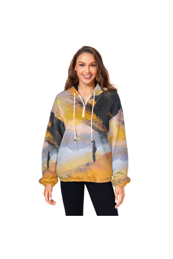 Women's (s-xl) Pockets Fuzzy Sweatshirt -Double Plush Run Loose-fitting Hooded Sweater Design Wind Warmth for Sport Casual Leisure Jogging,Yellow-toned Landscape