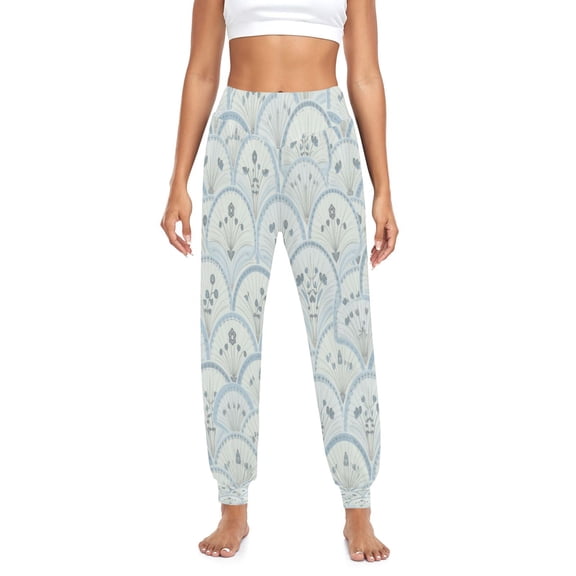 Iauyy Womens Baggy Wide Leg Harem Pants Casual Elastic Waisted Palazzo Pants with Pockets,Art Deco Fanprint Printed