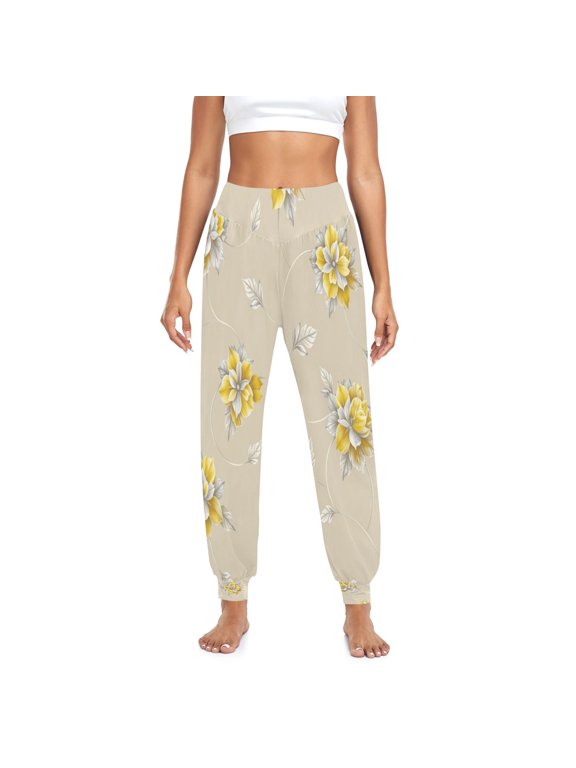 Iauyy Womens Baggy Wide Leg Harem Pants Casual Elastic Waisted Palazzo Pants with Pockets,Beige Gold Peonies Printed
