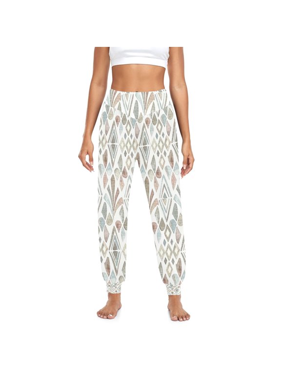 Iauyy Womens Baggy Wide Leg Harem Pants Casual Elastic Waisted Palazzo Pants with Pockets,Neutral Art Deco Printed