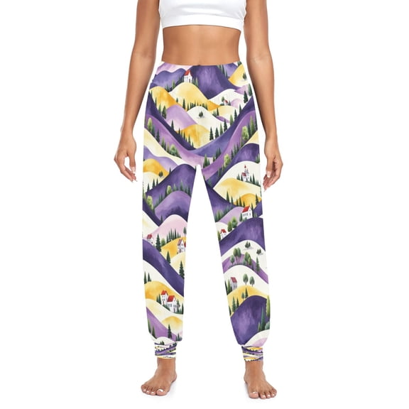 Iauyy Womens Baggy Wide Leg Harem Pants Casual Elastic Waisted Palazzo Pants with Pockets,Purple-gold Hillscape Printed