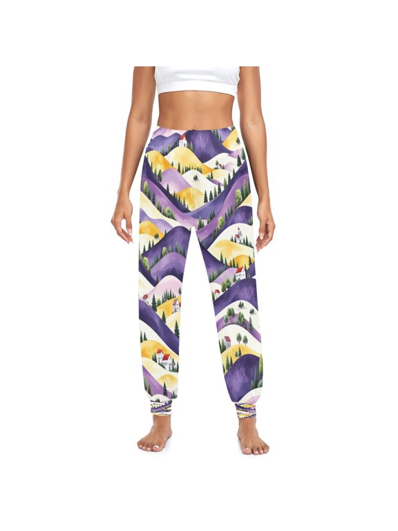 Iauyy Womens Baggy Wide Leg Harem Pants Casual Elastic Waisted Palazzo Pants with Pockets,Purple-gold Hillscape Printed