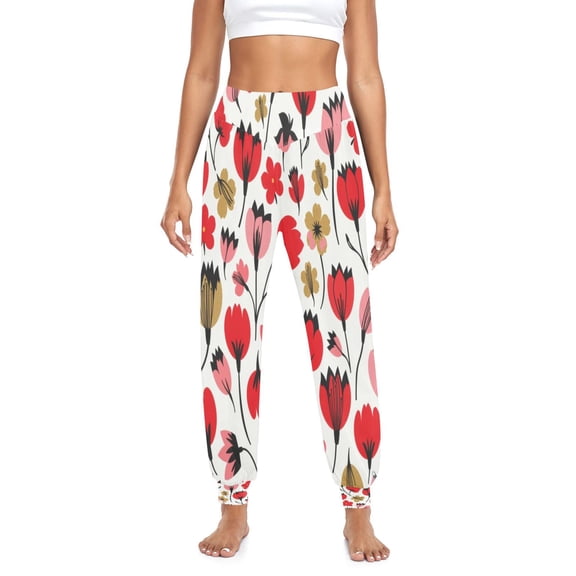 Iauyy Womens Baggy Wide Leg Harem Pants Casual Elastic Waisted Palazzo Pants with Pockets,Retro Red-gold Florals Printed