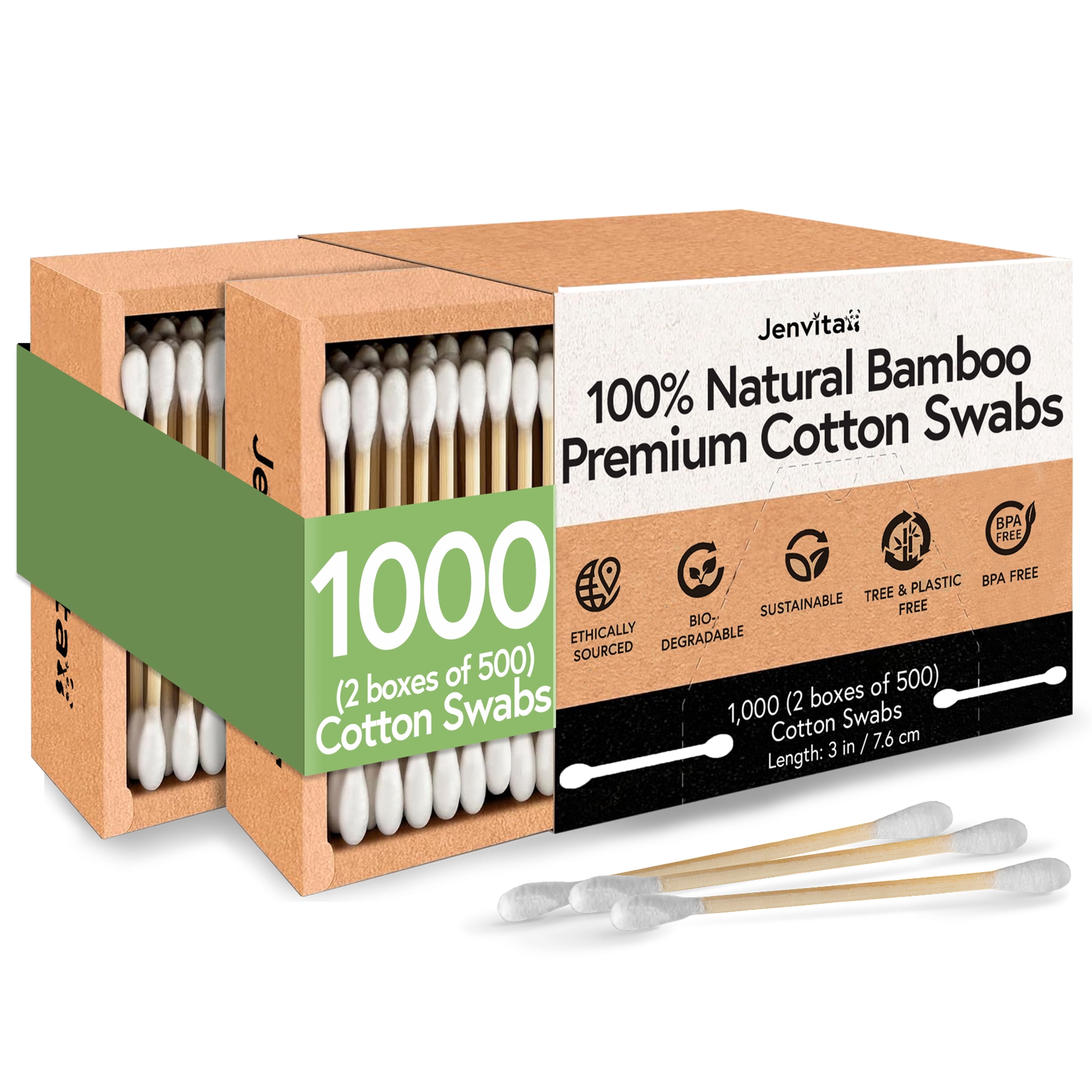 Jenvita Bamboo Baby Cotton Swabs for Ears, Double Tipped Swabs 200 Ct