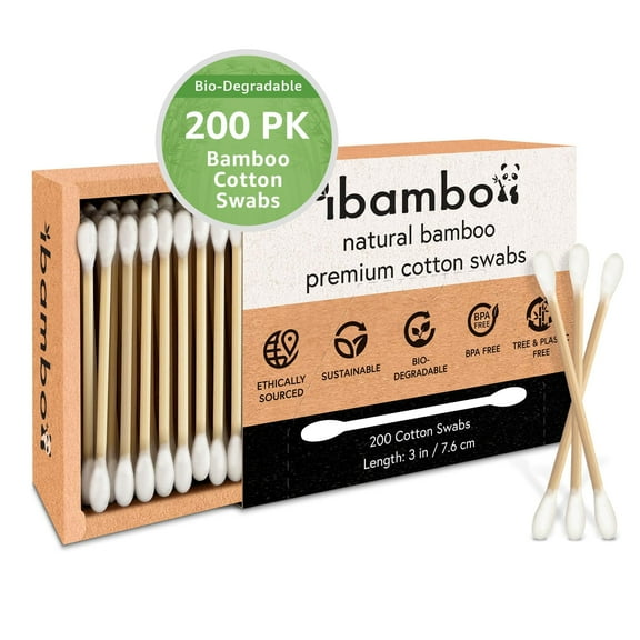 Ibambo Bamboo Wooden Cotton Swabs for Ear, Personal & Beauty, Travel, Double Tip, 3" Long, 200 Pack
