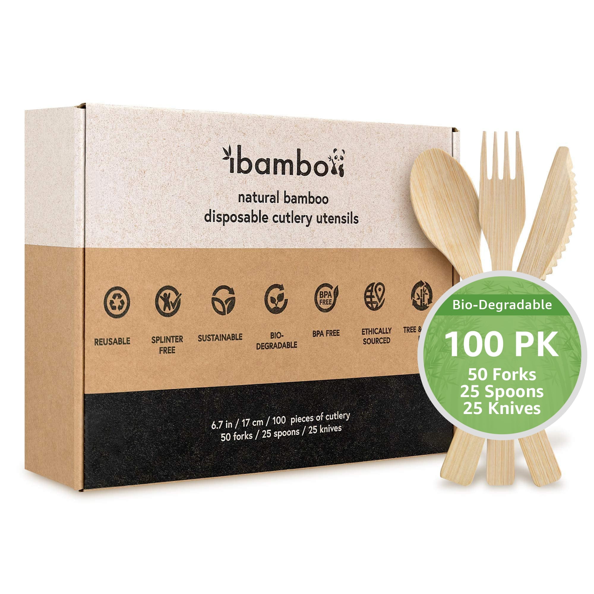Ibambo Natural Bamboo Disposable Cutlery Flatware, Mixed Set, Party Cutlery - 100 Set
