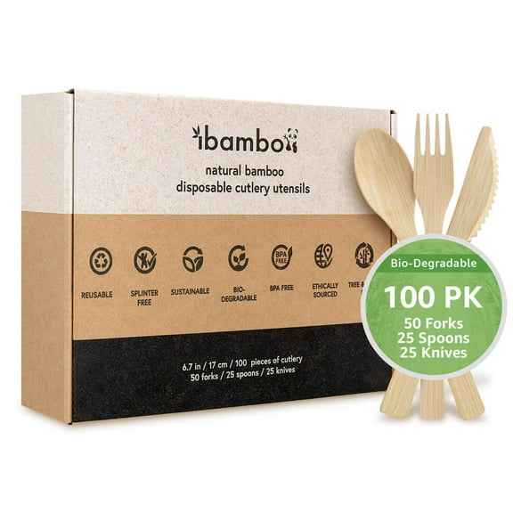 Ibambo Natural Bamboo Disposable Cutlery Flatware, Mixed Set, Party Cutlery - 100 Set