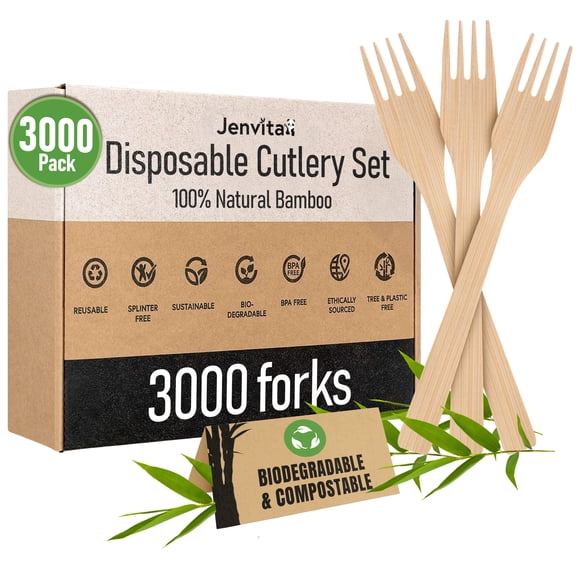 Jenvita Bamboo Disposable Forks Compostable Flatware 3000 Pack