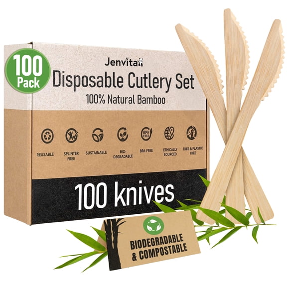 Jenvita Bamboo Disposable Knives, Compostable Flatware, 100 Pack