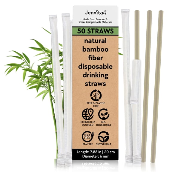 Jenvita Bamboo Straws Individually Wrapped, Drinking Straws, 50 Pack
