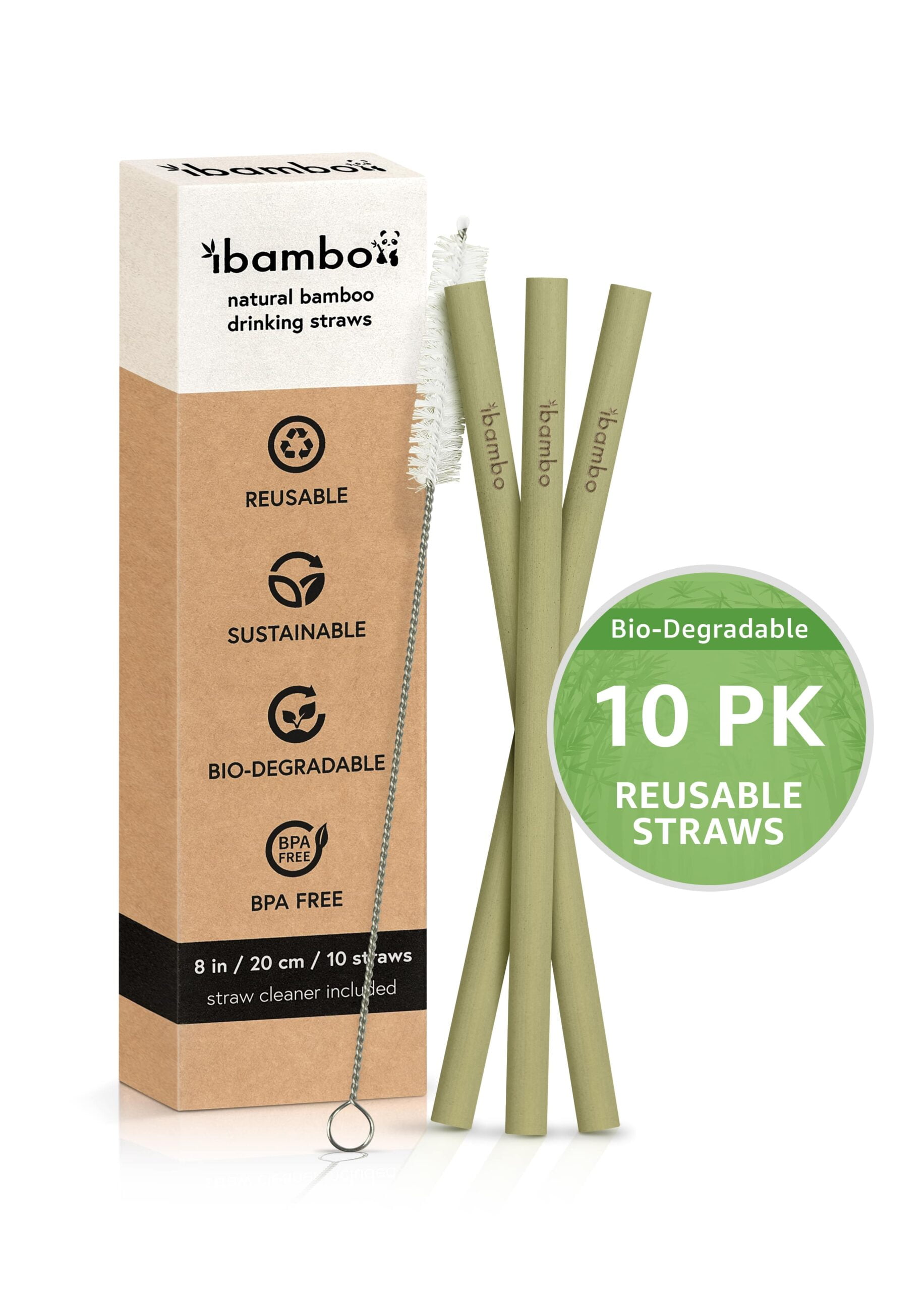 Eco-Friendly 8" Beige Bamboo Reusable Drinking Straws, 10 Pack