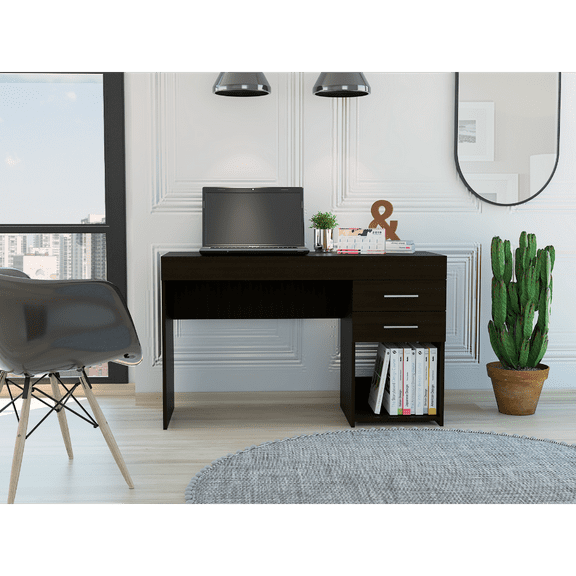Ibare Computer Desk with 2 Drawers and Lower Shelf, Black