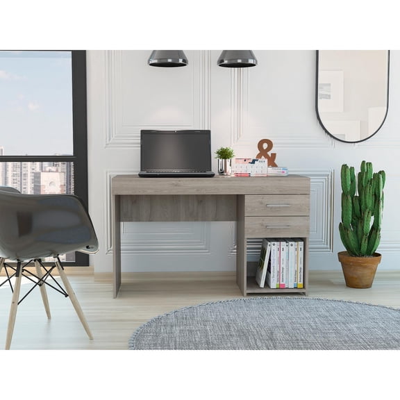 Ibare Two Drawer Computer Desk, One Lower Shelf Light Gray