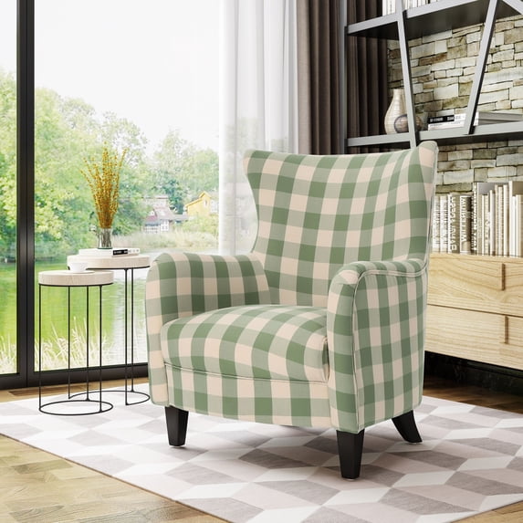 IbayNawi Oliver Farmhouse Fabric Club Chair,Upholstered Wingback Plaid Accent Chair for Living Room Bedroom,Green & White Checkerboard