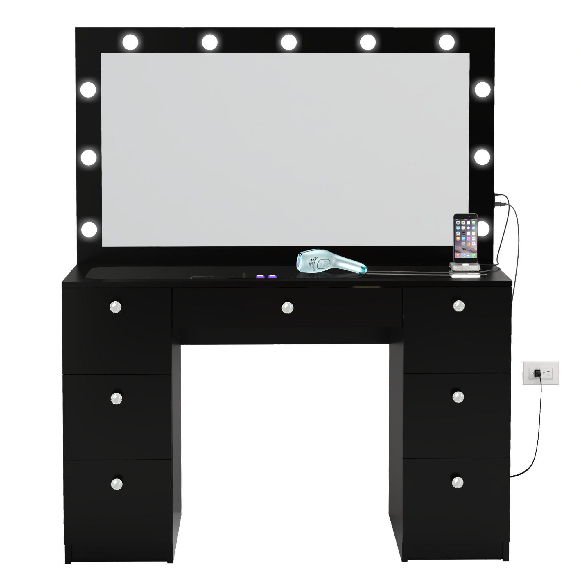 Ibbie Modern Vanity Table with 7 Drawers Lights Crystal Ball Knobs