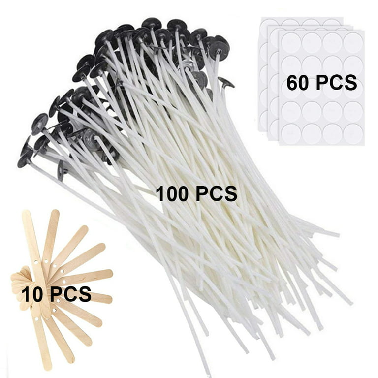Ibeedow Candle Wicks 100 Pcs with 60Pcs Candle Wick Stickers and 10 Pcs  Wooden Candle Wick Centering Device for Soy Beeswax Candle Making (6inch) 