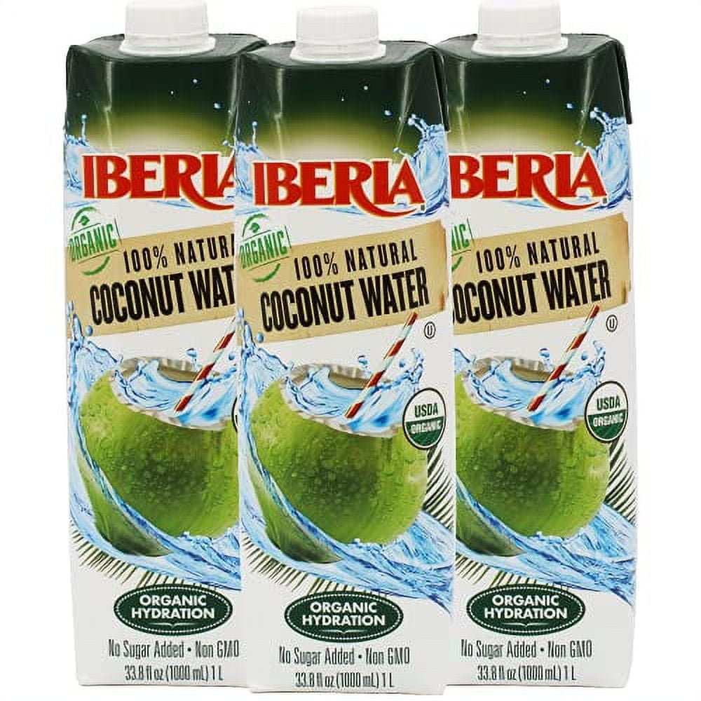 Iberia 100% Pure Organic Coconut Water, 1 Liter , 33.8 Fl Oz (Pack of 3)