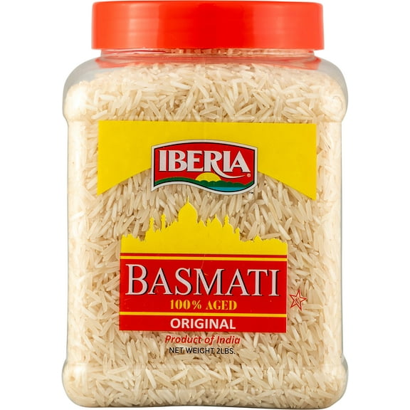 Iberia Basmati Rice Jar, 2 Pounds, Extra Long Grain, Naturally Aged Indian White Basmati Rice, Natural Basmati Rice in Food Grade Jar.
