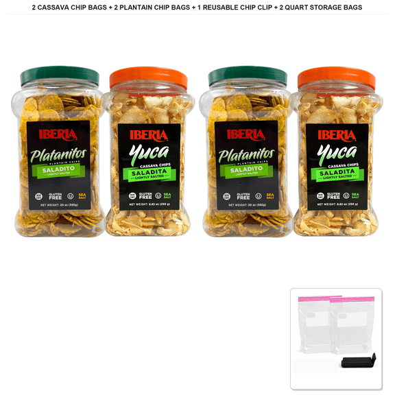 Iberia Cassava Chips, 2 Bags x 8.8 oz + Iberia Saladito Plantain Chips, 2 Bags x 20 oz + 1x Reusable Chip Clip & 2x Quart Resealable Food Storage Bags