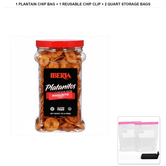 Iberia Maduritos Naturally Sweet Plantain Chips, 1 Bag x 20 oz + 1x Reusable Chip Clip & 2x Quart Resealable Food Storage Bags
